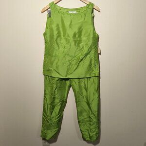 90s Piano 100% Silk Embroidered Sleeveless Top Pant Suit Set sz 6 Green Retro